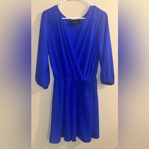 Wishful Women’s Size L Royal Blue V-Neck A-Line Midi Dress 3/4 Sleeve Tie Waist
